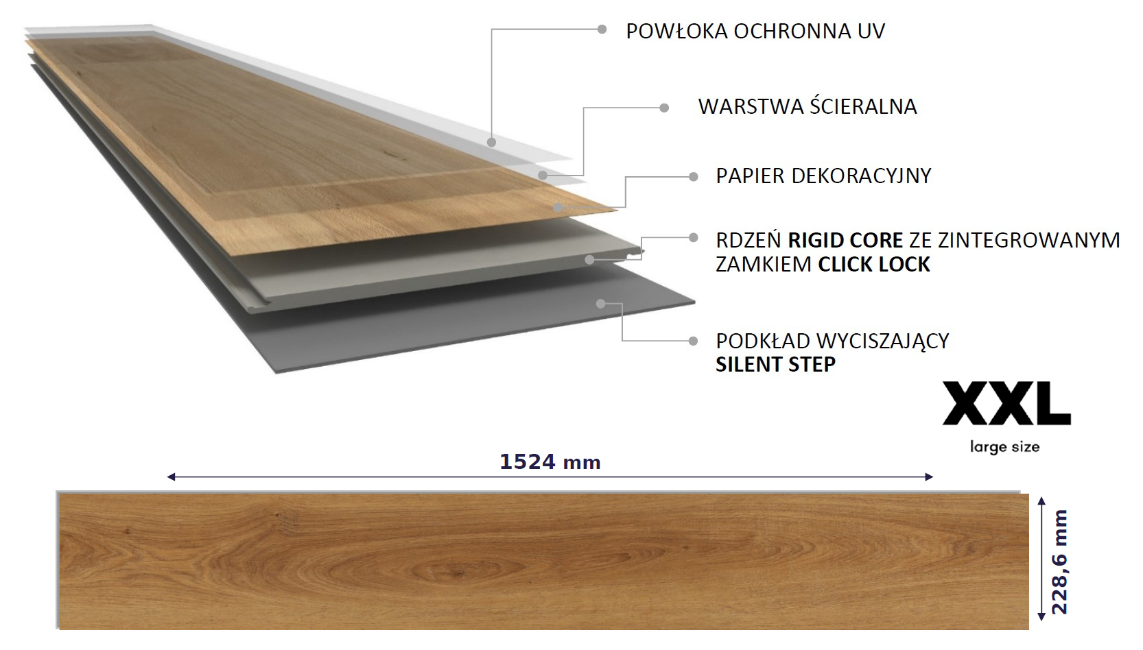 Budowa paneli winylowych Pacific Vinyl Floors Absolute XXL Golden Oak 152201 z rdzeniem SPC, zamkiem Click Lock i podkładem Silent Step
